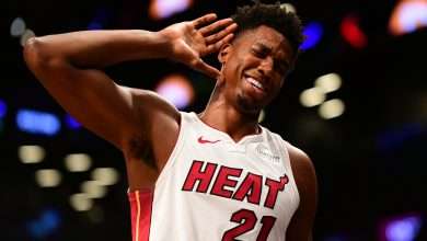 NEW YORK, NY - NOVEMBER 14: Hassan Whiteside #21 of the Miami Heat motions for the fans to get louder during the final moments of the game against Brooklyn Nets at Barclays Center on November 14, 2018 in the Brooklyn borough of New York City. The Heat won 120-107. (Photo by Sarah Stier/Getty Images)