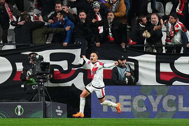 MADRID, SPAIN - NOVEMBER 06: Alvaro Garcia Rivera of Rayo Vallecano celebrates scoring his team's third goal during the UEFA Conference League 2025/26 League Phase MD3 match between Rayo Vallecano de Madrid and KKS Lech Poznan at Estadio Vallecas on November 06, 2025 in Madrid, Spain.