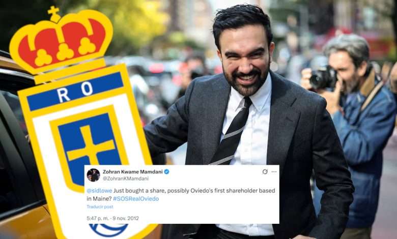 Zohran Mamdani con el escudo del Oviedo y su tweet de 2012