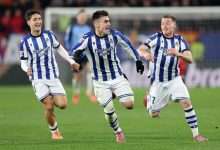 Ander Barrenetxea of Real Sociedad celebrates after scoring the team's third goal during the LaLiga EA Sports match between CA Osasuna and Real Sociedad at El Sadar on November 22, 2025, in Pamplona, Spain. (Photo By Ricardo Larreina/Europa Press via Getty Images