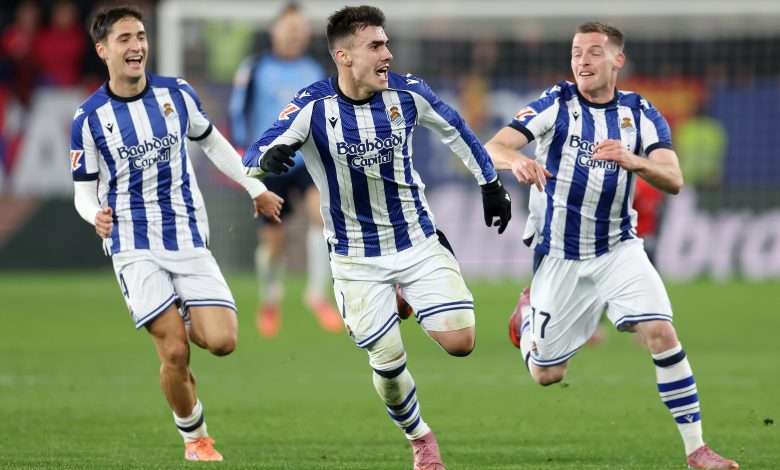 Ander Barrenetxea of Real Sociedad celebrates after scoring the team's third goal during the LaLiga EA Sports match between CA Osasuna and Real Sociedad at El Sadar on November 22, 2025, in Pamplona, Spain. (Photo By Ricardo Larreina/Europa Press via Getty Images