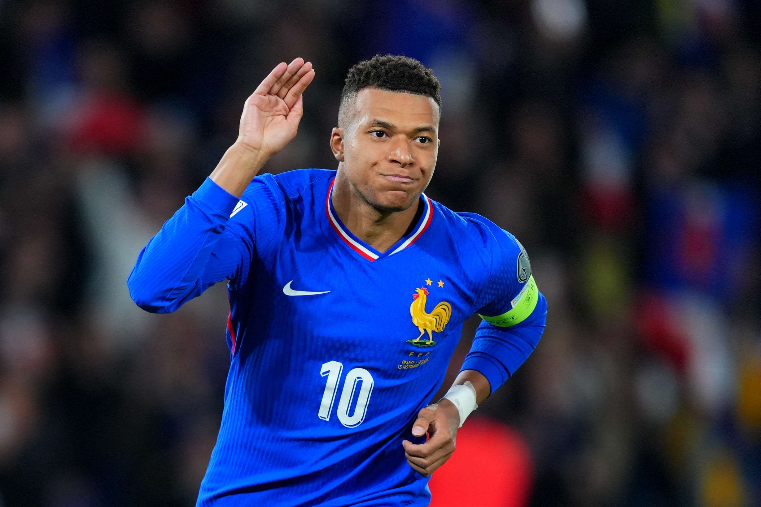 Kylian Mbappe of France celebrates scoring his team's first goal from the penalty spot during the FIFA World Cup 2026 qualifier match between France and Ukraine at Parc des Princes on November 13, 2025 in Paris, France. (Photo by Franco Arland/Getty Images)