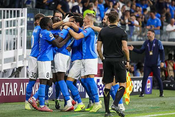 Pafos v Villarreal - UEFA Champions League Pafos players celebrate the goal they score. Pafos plays against Villarreal for matchday 4 of the League Phase of the UEFA Champions League competition in Limassol, Cyprus, on November 5, 2025. (Photo by Kostas Pikoulas/NurPhoto via Getty Images)