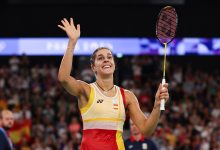Carolina Marin of Team Spain celebrates winning in their Women's Singles Match against Aya Ohori of Team Team Japan on day eight of the Olympic Games Paris 2024 at Porte de La Chapelle Arena on August 03, 2024 in Paris, France. (Photo by Elsa/Getty Images)