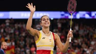 Carolina Marin of Team Spain celebrates winning in their Women's Singles Match against Aya Ohori of Team Team Japan on day eight of the Olympic Games Paris 2024 at Porte de La Chapelle Arena on August 03, 2024 in Paris, France. (Photo by Elsa/Getty Images)