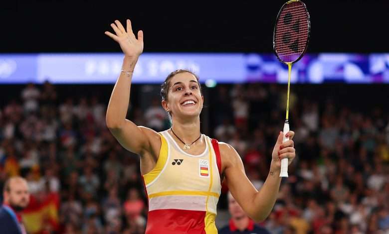 Carolina Marin of Team Spain celebrates winning in their Women's Singles Match against Aya Ohori of Team Team Japan on day eight of the Olympic Games Paris 2024 at Porte de La Chapelle Arena on August 03, 2024 in Paris, France. (Photo by Elsa/Getty Images)