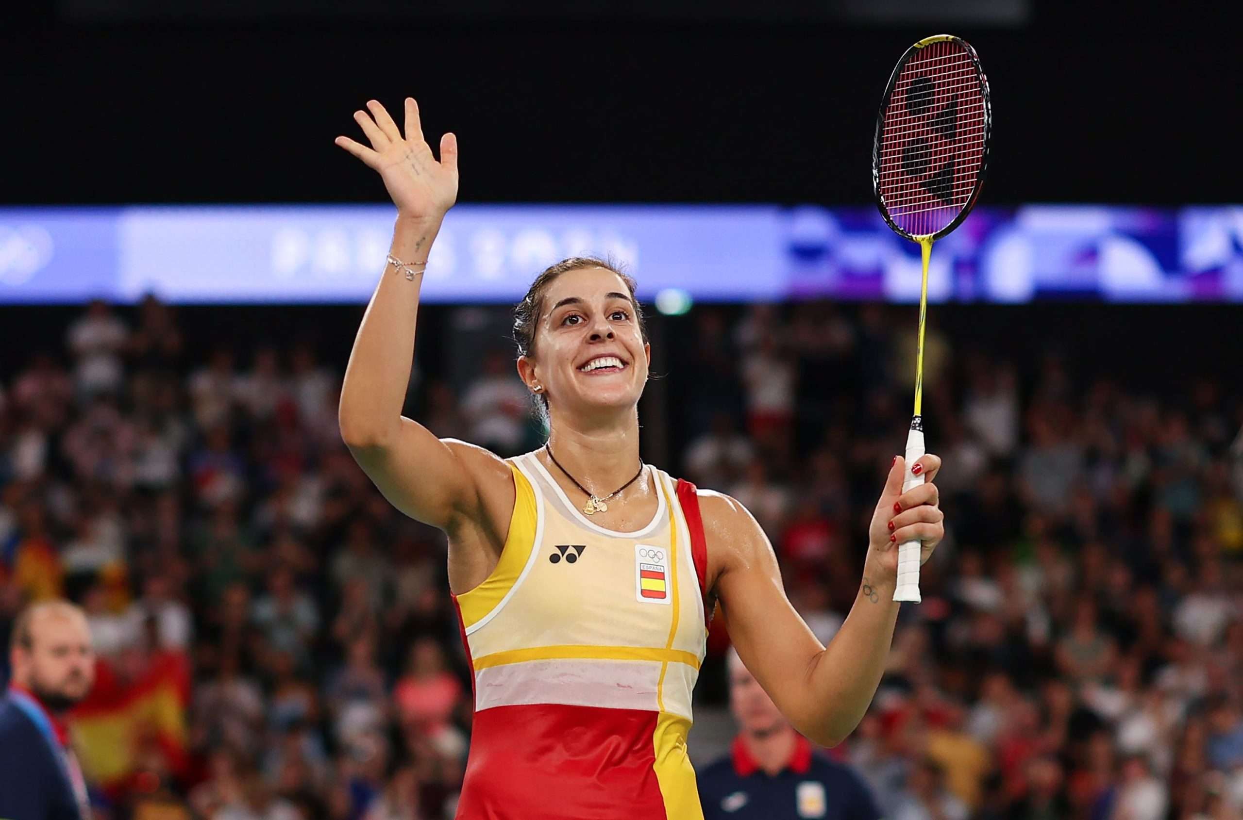 Carolina Marin of Team Spain celebrates winning in their Women's Singles Match against Aya Ohori of Team Team Japan on day eight of the Olympic Games Paris 2024 at Porte de La Chapelle Arena on August 03, 2024 in Paris, France. (Photo by Elsa/Getty Images)