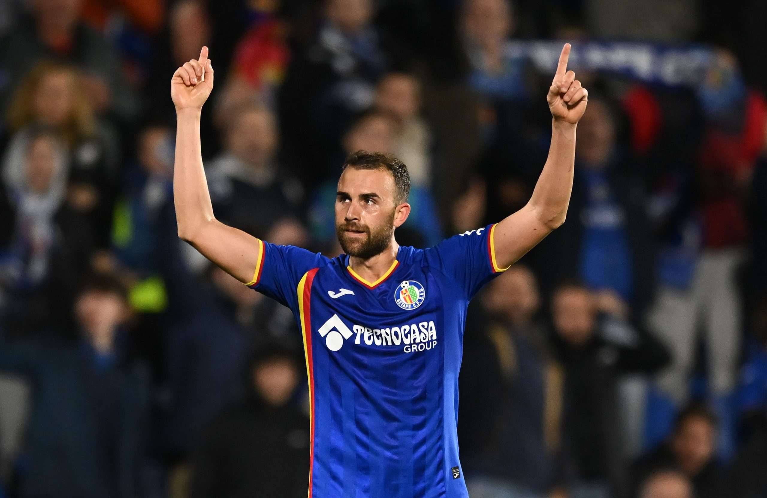 Borja Mayoral of Getafe CFcelebrates scoring his team's second goal during the LaLiga EA Sports match between Getafe CF and Girona FC at Coliseum Alfonso Perez on October 31, 2025 in Getafe, Spain. (Photo by Denis Doyle/Getty Images)