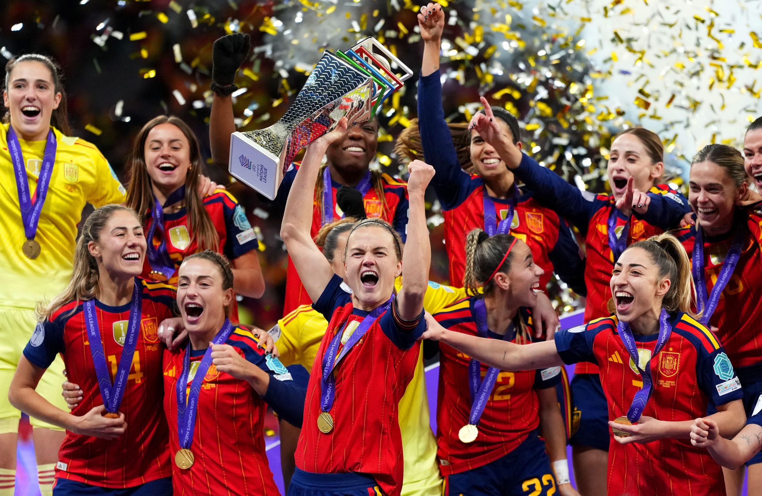 Irene Paredes of Spain lifts the UEFA Women's Nations League trophy after her team's victory in the UEFA Women's Nations League 2025 final second leg match between Spain and Germany at Estadio Metropolitano on December 02, 2025 in Madrid, Spain. (Photo by Angel Martinez/Getty Images)