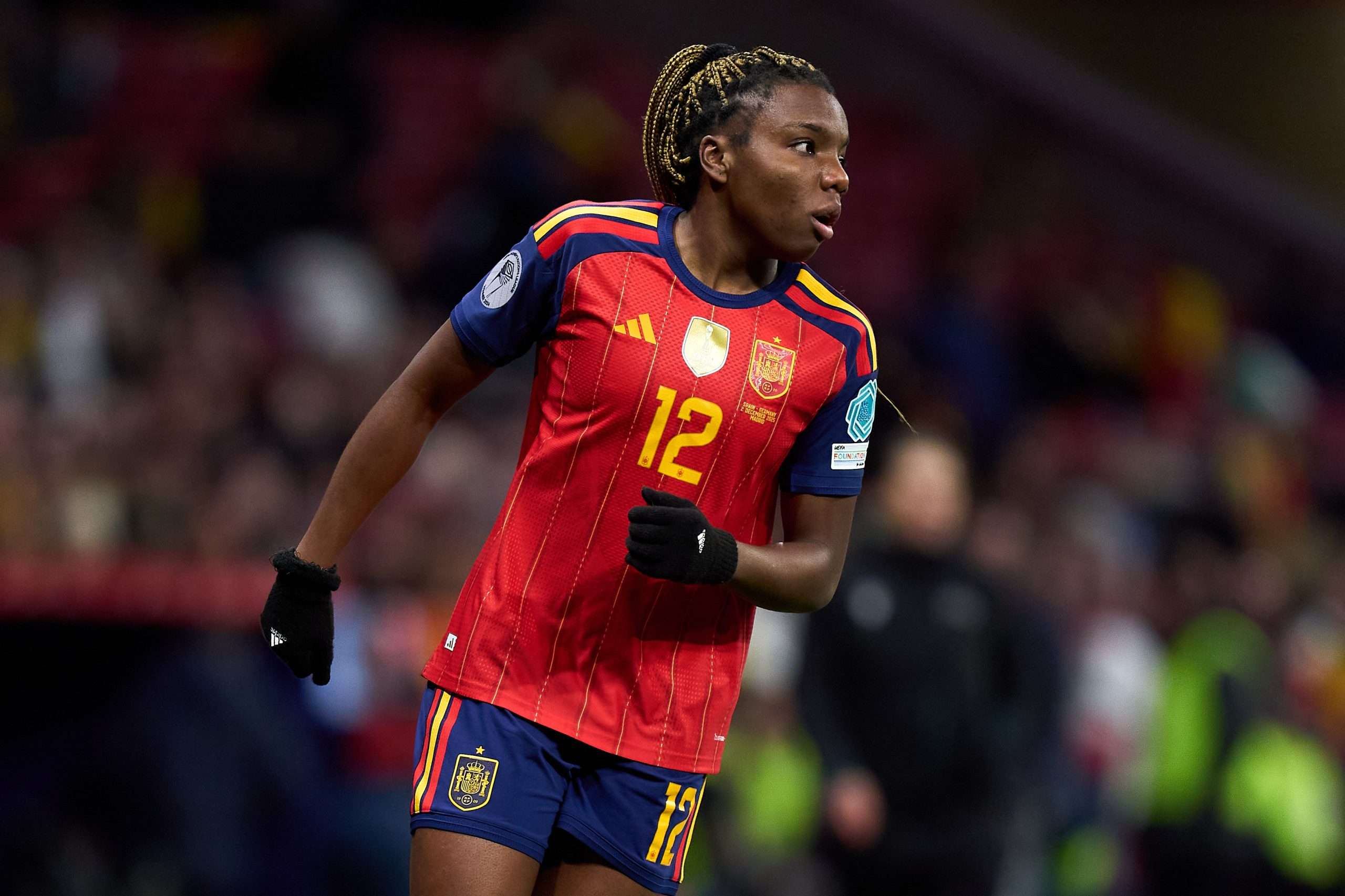 MADRID, SPAIN - DECEMBER 02: Edna Imade of Spain looks on during the UEFA Women's Nations League 2025 final second leg match between Spain and Germany at Estadio Metropolitano on December 02, 2025 in Madrid, Spain. (Photo by Angel Martinez/Getty Images)