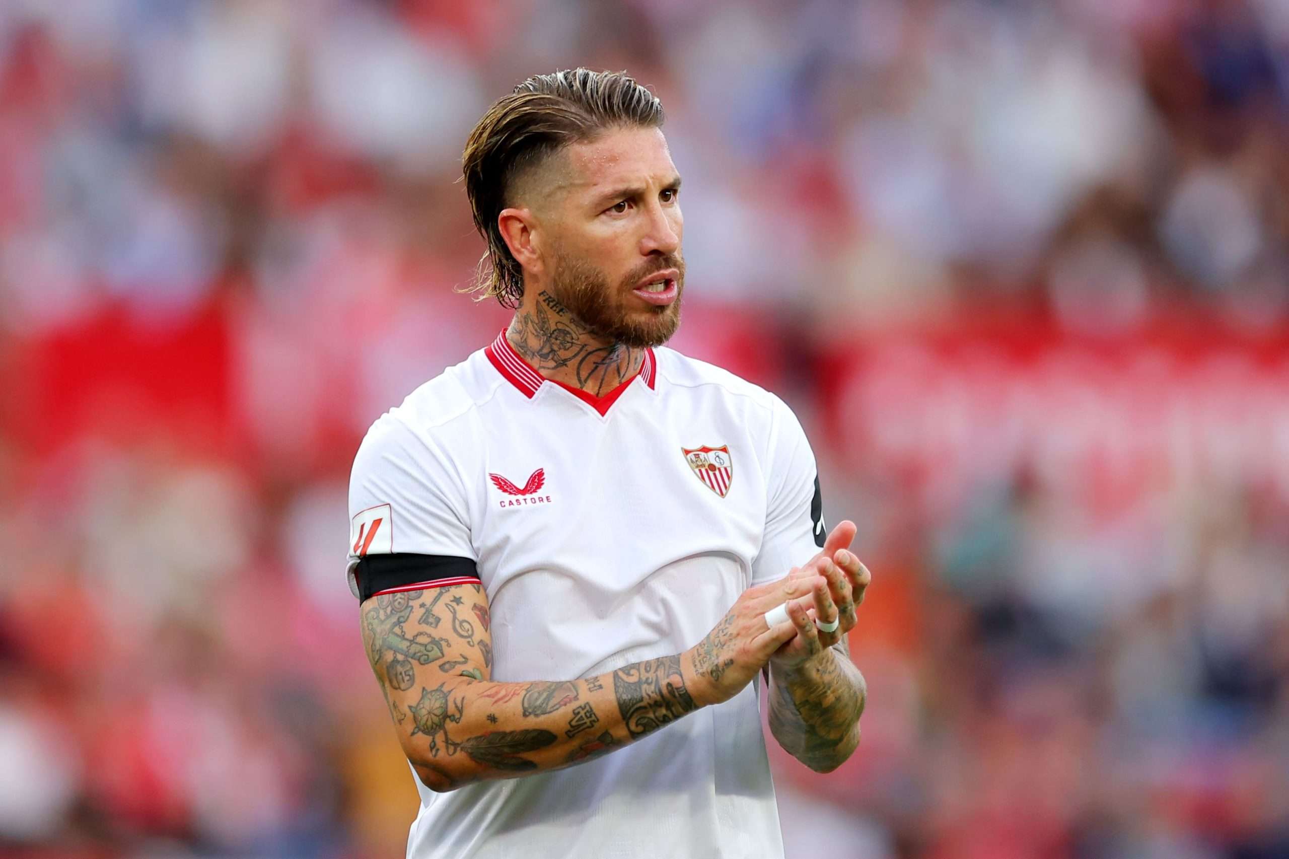 Sergio Ramos of Sevilla FC applauds during the LaLiga EA Sports match between Sevilla FC and Real Madrid CF at Estadio Ramon Sanchez Pizjuan on October 21, 2023 in Seville, Spain. (Photo by Fran Santiago/Getty Images)