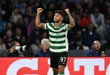 Luis Suarez of Sporting Clube de Portugal celebrates after scoring his side first goal during the UEFA Champions League 2025/26 League Phase MD2 match between SSC Napoli and Sporting Clube de Portugal at Stadio Diego Armando Maradona on October 01, 2025 in Naples, Italy. (Photo by Francesco Pecoraro/Getty Images)