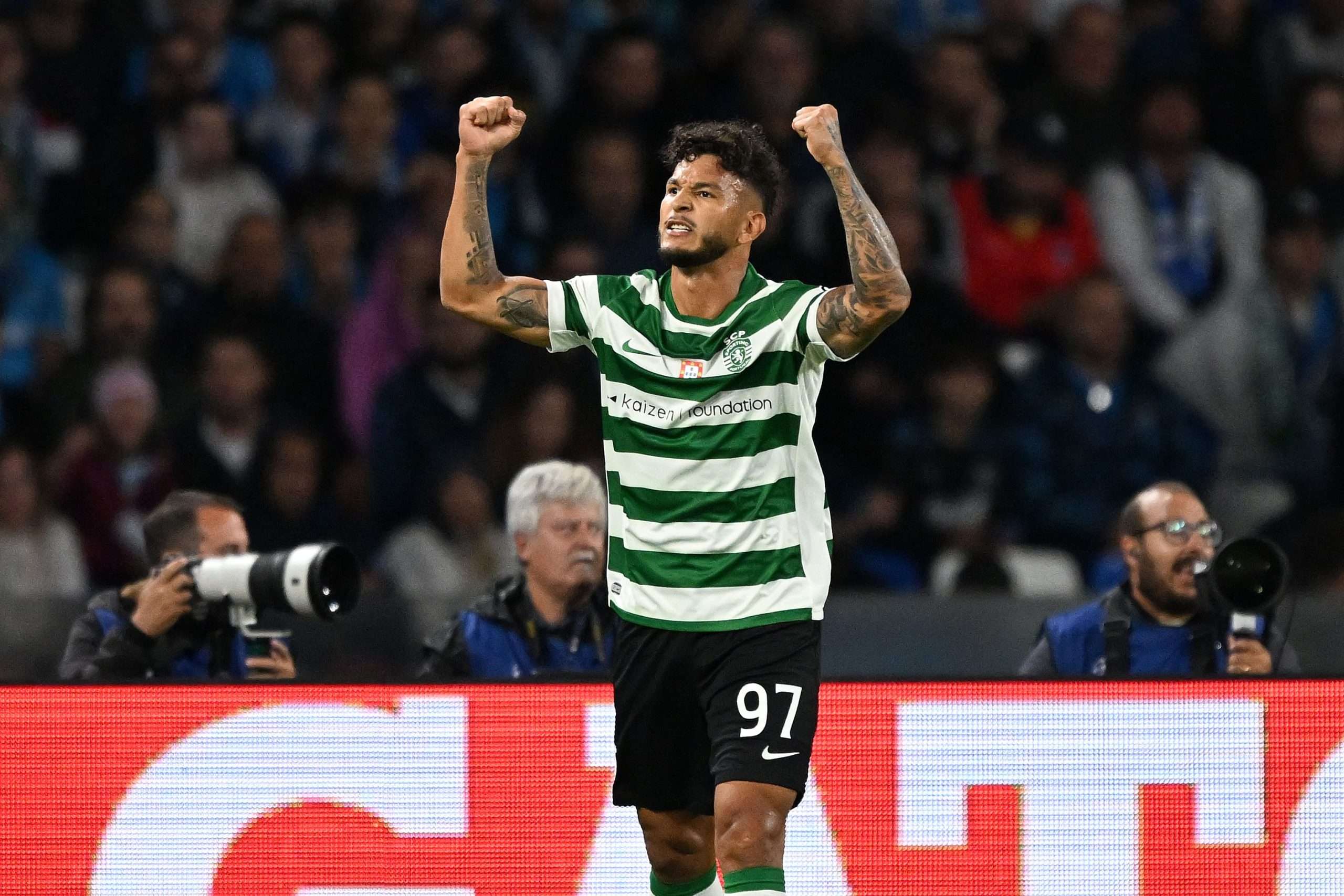 Luis Suarez of Sporting Clube de Portugal celebrates after scoring his side first goal during the UEFA Champions League 2025/26 League Phase MD2 match between SSC Napoli and Sporting Clube de Portugal at Stadio Diego Armando Maradona on October 01, 2025 in Naples, Italy. (Photo by Francesco Pecoraro/Getty Images)
