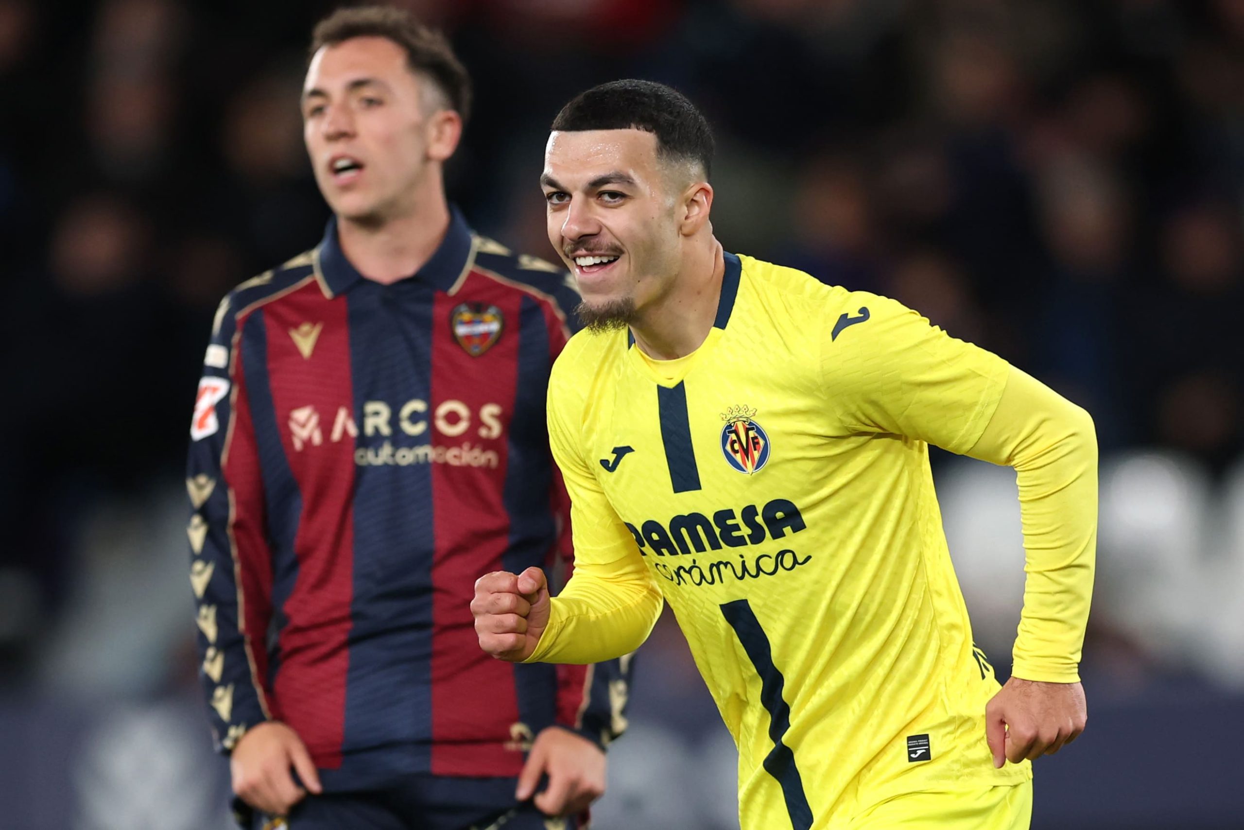 Georges Mikautadze of Villarreal CF celebrates scoring his team's first goal during the LaLiga EA Sports match between Levante UD and Villarreal CF at Ciutat de Valencia on February 18, 2026 in Valencia, Spain. (Photo by Clive Brunskill/Getty Images)