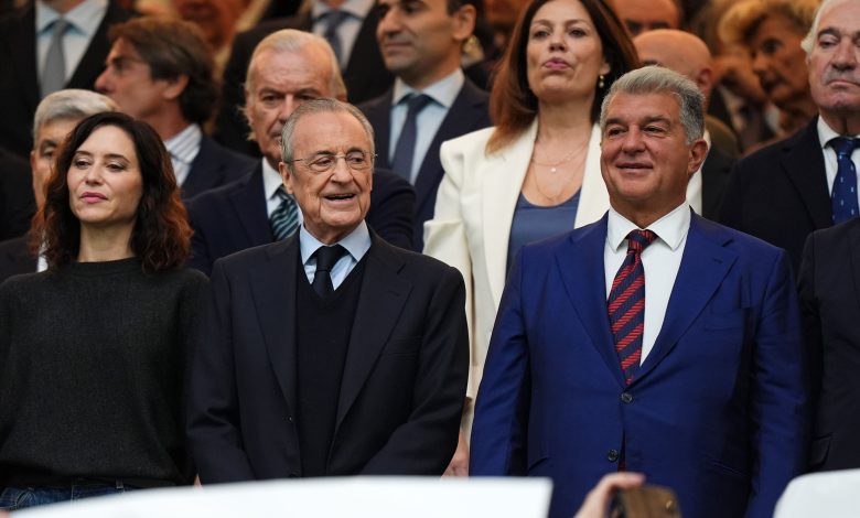 Florentino Perez, President of Real Madrid, and Joan Laporta, President of FC Barcelona, look on prior to the LaLiga EA Sports match between Real Madrid CF and FC Barcelona at Estadio Santiago Bernabeu on October 26, 2025 in Madrid, Spain. (Photo by Angel Martinez/Getty Images)
