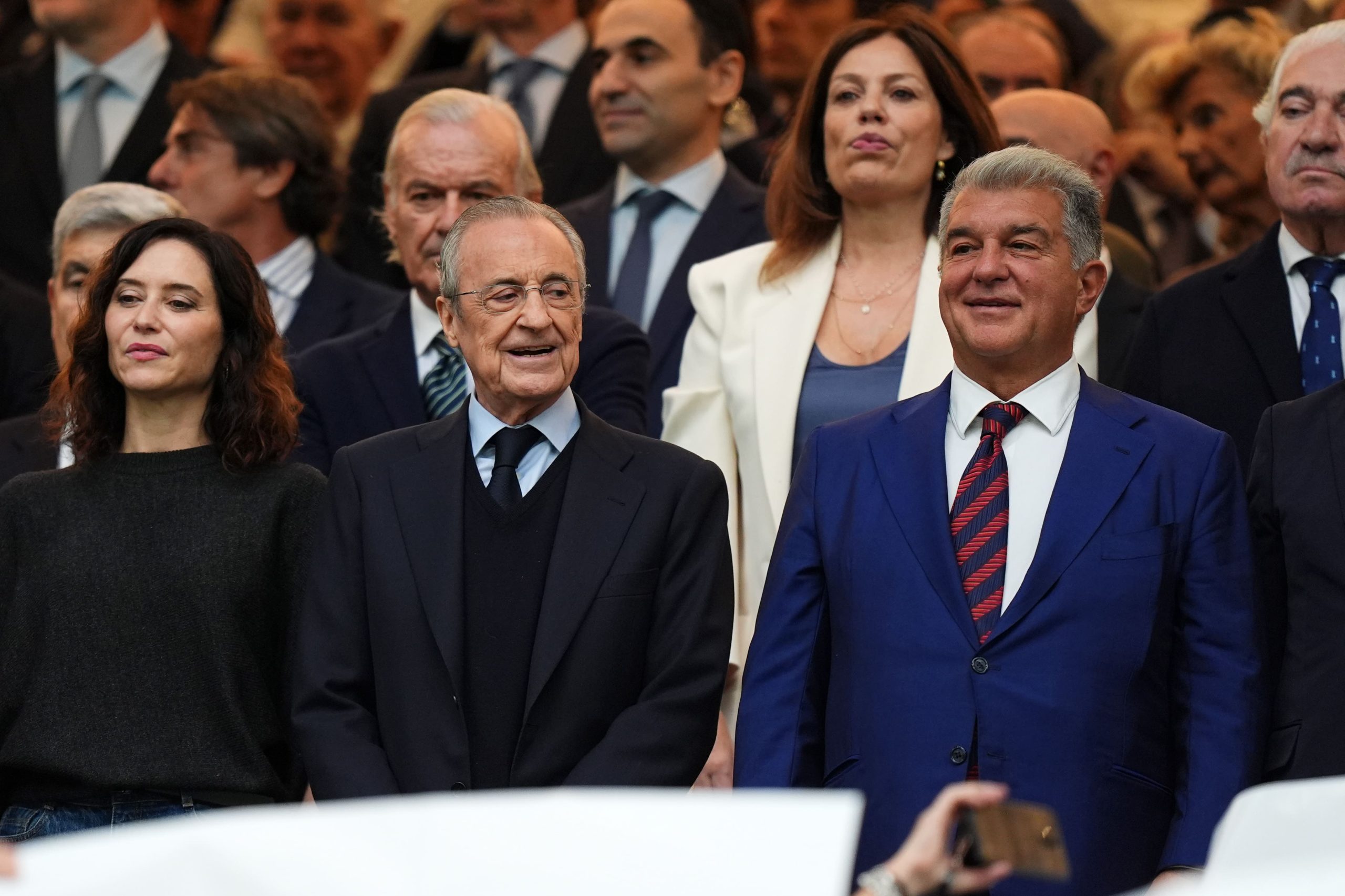 Florentino Perez, President of Real Madrid, and Joan Laporta, President of FC Barcelona, look on prior to the LaLiga EA Sports match between Real Madrid CF and FC Barcelona at Estadio Santiago Bernabeu on October 26, 2025 in Madrid, Spain. (Photo by Angel Martinez/Getty Images)