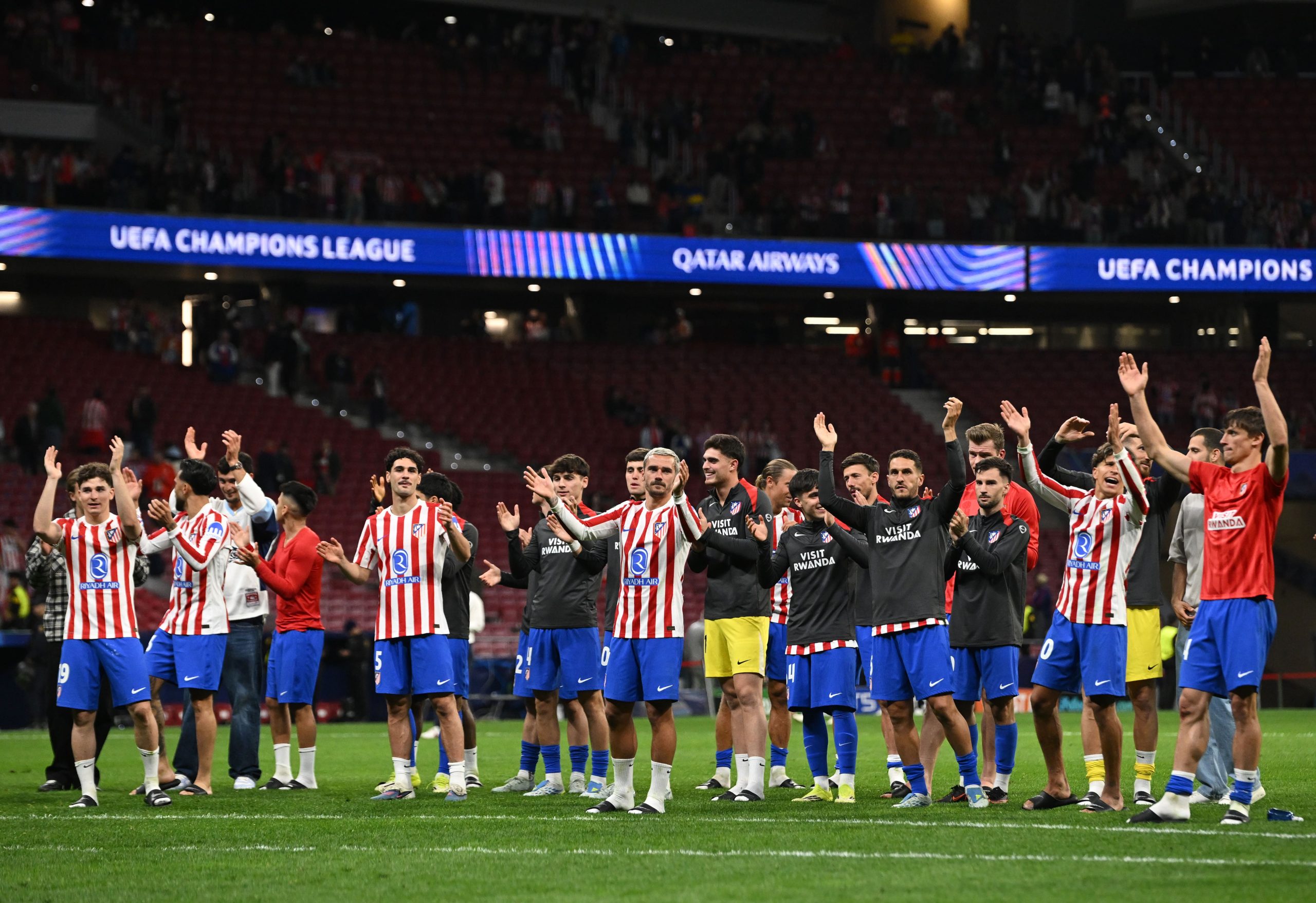 Players of Atletico de Madrid acknowledge the fans after confirming their progression to the semi finals in the UEFA Champions League 2025/26 Quarter-Final Second Leg match between Club Atlético de Madrid and FC Barcelona at Riyadh Air Metropolitano on April 14, 2026 in Madrid, Spain. (Photo by Denis Doyle/Getty Images)