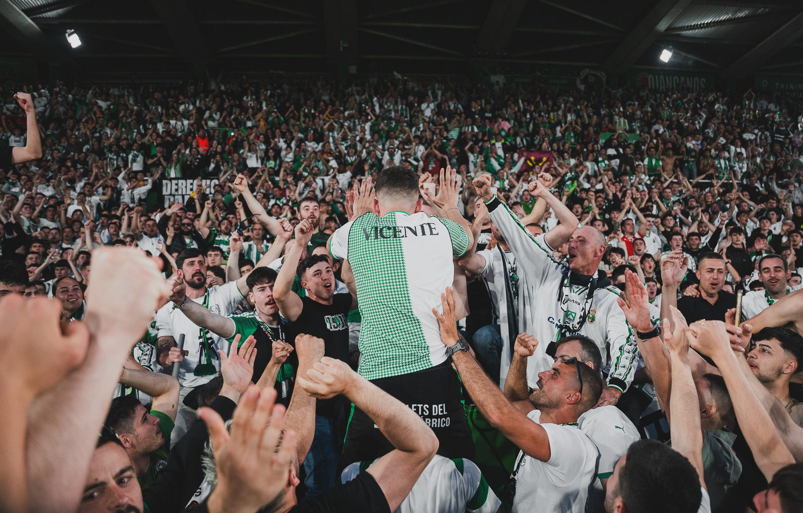 Iñigo Vicente celebrando el ascenso junto con la afición.