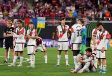 Players of Rayo Vallecano look dejected after collecting their runners up medals following the UEFA Conference League Final 2026 match between Crystal Palace FC and Rayo Vallecano de Madrid at Football Arena Leipzig on May 27, 2026 in Leipzig, Germany. (Photo by Alex Grimm/Getty Images)