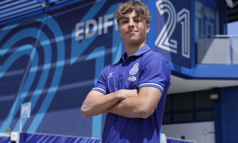 Lluc Castell posando con la camiseta del Espanyol // @rcdespanyol