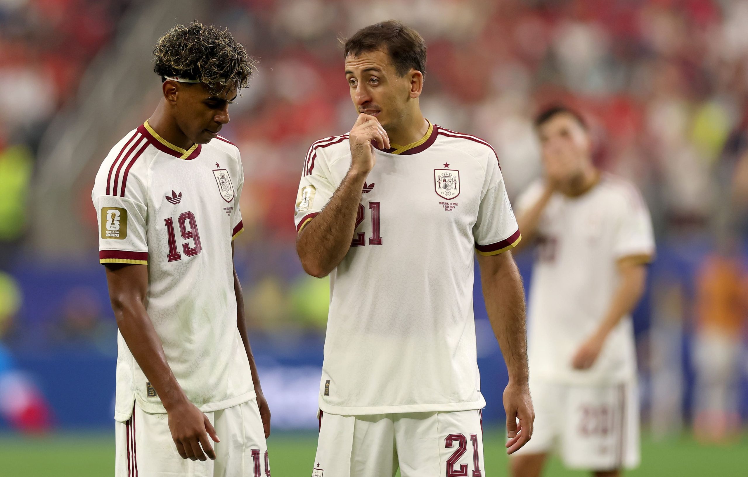 Lamine Yamal #19 of Spain speaks with Mikel Oyarzabal #21 of Spain during the FIFA World Cup 2026 Round Of 16 match between Portugal and Spain at Dallas Stadium on July 06, 2026 in Arlington, Texas. (Photo by Lars Baron/Getty Images)