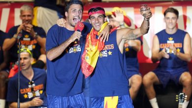 Rodri and Ferran Torres of Spain celebrate on stage during the FIFA World Cup 2026 Trophy parade on July 20, 2026 in Madrid, Spain. The final match of the FIFA World Cup 2026 was held at New York New Jersey Stadium in New Jersey between Spain and Argentina. (Photo by Diego Souto/Getty Images)