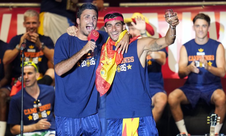 Rodri and Ferran Torres of Spain celebrate on stage during the FIFA World Cup 2026 Trophy parade on July 20, 2026 in Madrid, Spain. The final match of the FIFA World Cup 2026 was held at New York New Jersey Stadium in New Jersey between Spain and Argentina. (Photo by Diego Souto/Getty Images)