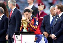 Alex Baena #15 of Spain kisses the FIFA World Cup Winner's Trophy as he receives the medal following the FIFA World Cup 2026 Final match between Spain and Argentina at New York New Jersey Stadium on July 19, 2026 in East Rutherford, New Jersey. (Photo by Dan Mullan/Getty Images)