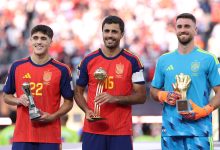 Pau Cubarsi #22, Rodri #16 and Unai Simon #23 of Spain pose with their awards after the FIFA World Cup 2026 Final match between Spain and Argentina at New York New Jersey Stadium on July 19, 2026 in East Rutherford, New Jersey. (Photo by Carl Recine/Getty Images)