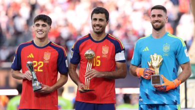 Pau Cubarsi #22, Rodri #16 and Unai Simon #23 of Spain pose with their awards after the FIFA World Cup 2026 Final match between Spain and Argentina at New York New Jersey Stadium on July 19, 2026 in East Rutherford, New Jersey. (Photo by Carl Recine/Getty Images)