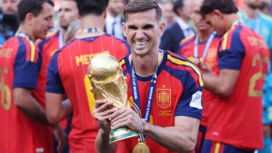 Fabian Ruiz #8 of Spain celebrates with the FIFA World Cup Winner’s Trophy after the team’s victory following the FIFA World Cup 2026 Final match between Spain and Argentina at New York New Jersey Stadium on July 19, 2026 in East Rutherford, New Jersey. (Photo by Carl Recine/Getty Images)