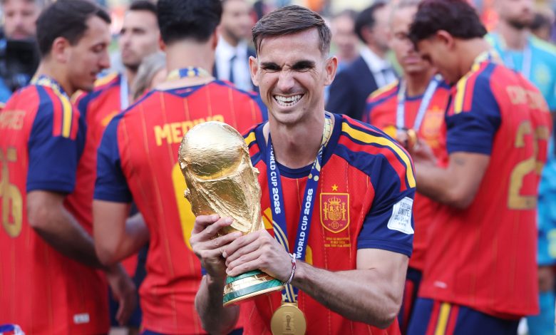 Fabian Ruiz #8 of Spain celebrates with the FIFA World Cup Winner’s Trophy after the team’s victory following the FIFA World Cup 2026 Final match between Spain and Argentina at New York New Jersey Stadium on July 19, 2026 in East Rutherford, New Jersey. (Photo by Carl Recine/Getty Images)