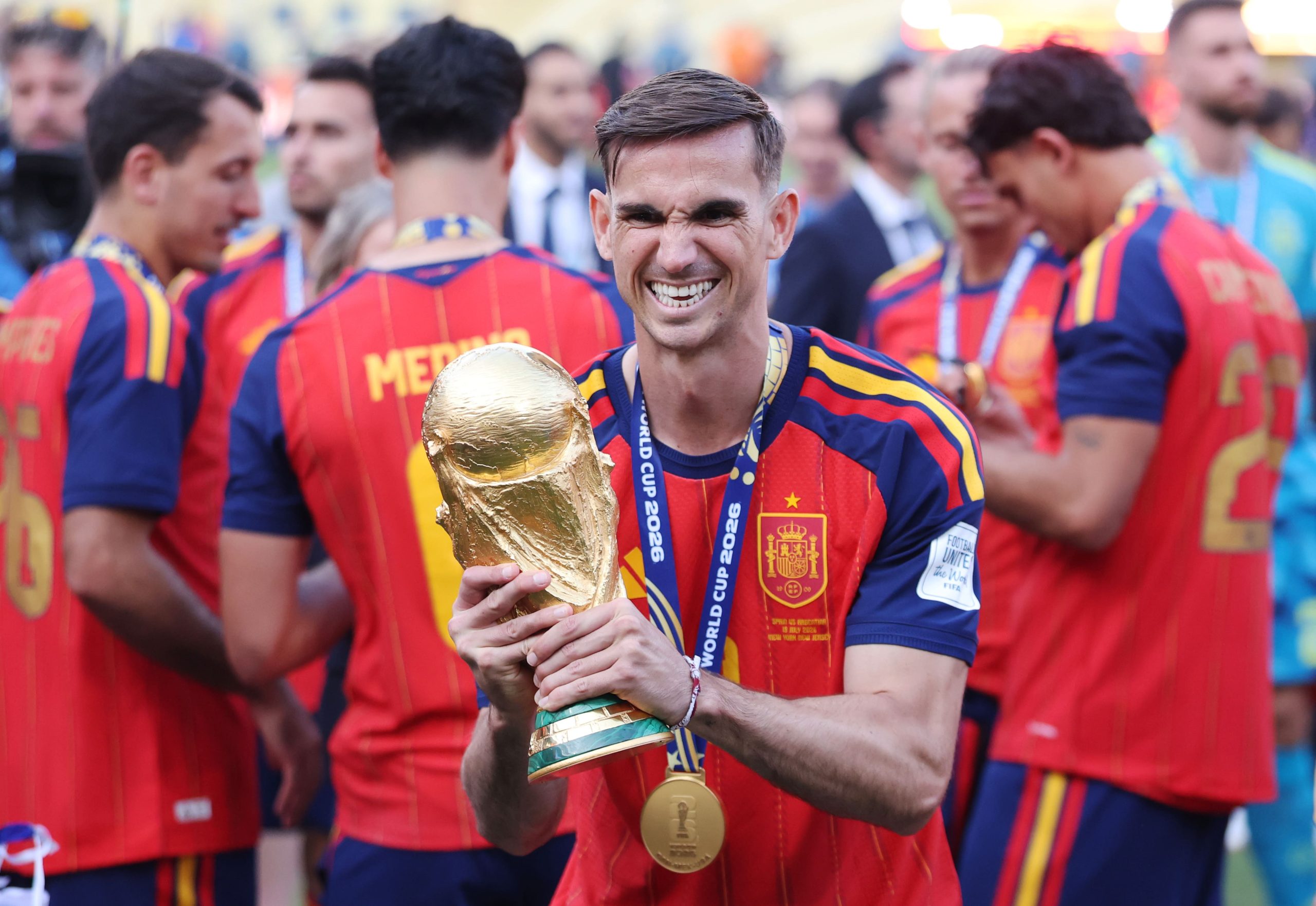 Fabian Ruiz #8 of Spain celebrates with the FIFA World Cup Winner’s Trophy after the team’s victory following the FIFA World Cup 2026 Final match between Spain and Argentina at New York New Jersey Stadium on July 19, 2026 in East Rutherford, New Jersey. (Photo by Carl Recine/Getty Images)