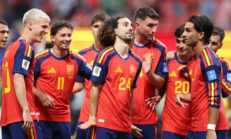Marc Cucurella #24 of Spain celebrates with teammates after the team's fourth goal, scored an own goal by Hassan Al-Tambakti #5 of Saudi Arabia during the FIFA World Cup 2026 Group H match between Spain and Saudi Arabia at Atlanta Stadium on June 21, 2026 in Atlanta, Georgia. (Photo by Florencia Tan Jun/Getty Images)