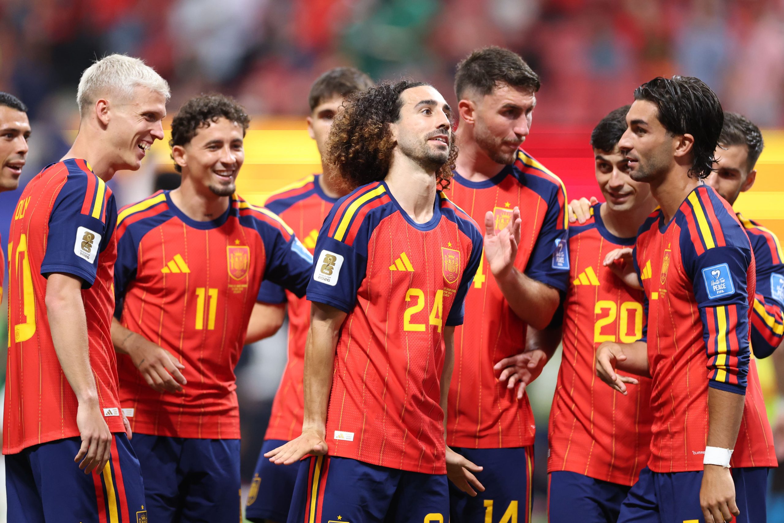 Marc Cucurella #24 of Spain celebrates with teammates after the team's fourth goal, scored an own goal by Hassan Al-Tambakti #5 of Saudi Arabia during the FIFA World Cup 2026 Group H match between Spain and Saudi Arabia at Atlanta Stadium on June 21, 2026 in Atlanta, Georgia. (Photo by Florencia Tan Jun/Getty Images)