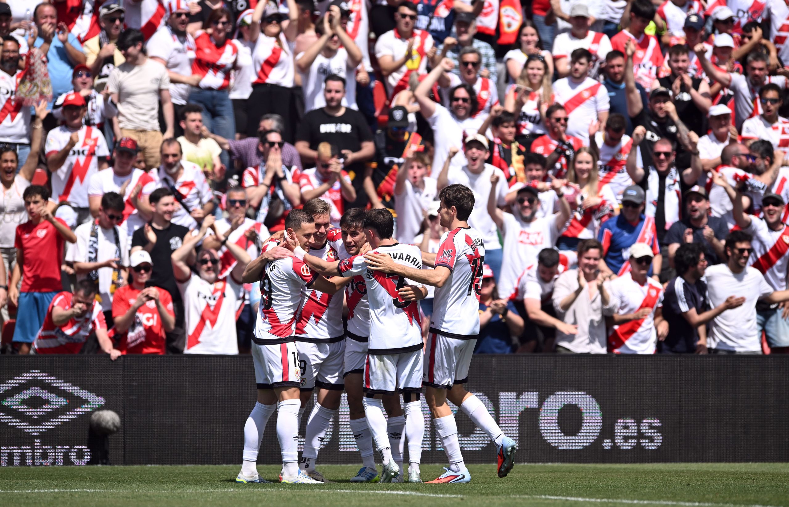 Pedro Diaz of Rayo Vallecano celebrates scoring a goal which was later ruled out following a VAR review during the LaLiga EA Sports match between Rayo Vallecano de Madrid and Real Sociedad at Estadio de Vallecas on April 26, 2026 in Madrid, Spain. (Photo by Denis Doyle/Getty Images)