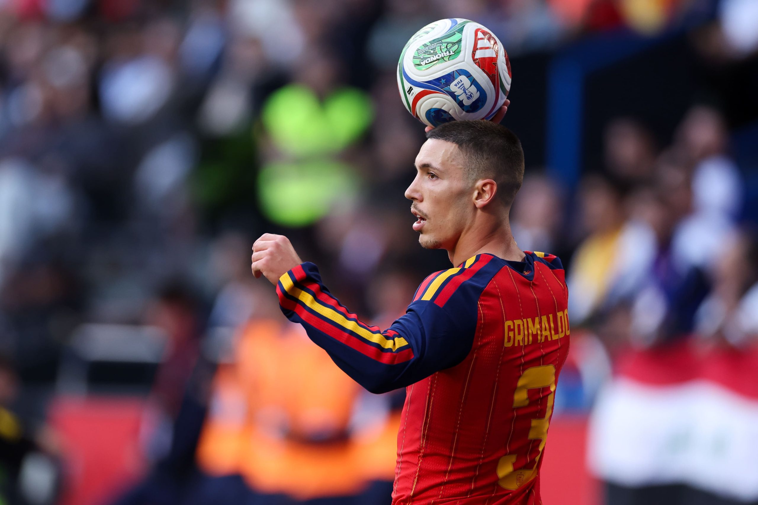 Alejandro Grimaldo of Spain looks on during the international friendly match between Spain and Iraq at Riazor Stadium on June 04, 2026 in La Coruna, Spain. (Photo by Florencia Tan Jun/Getty Images)