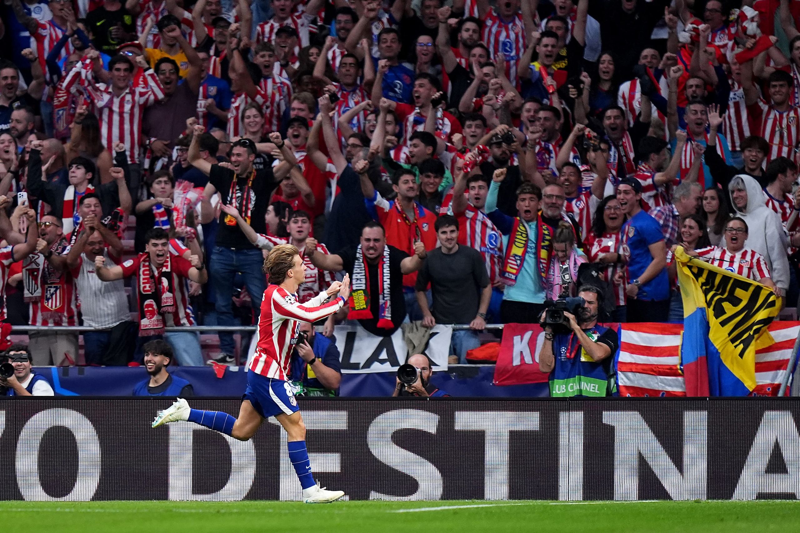MADRID, SPAIN - OCTOBER 13: Pablo Barrios of Atletico Madrid celebrates scoring his team’s first goal during the UEFA Champions League 2026/27 League Phase MD2 match between Atletico de Madrid and Manchester United at Estadio Metropolitano on October 13, 2026 in Madrid, Spain. (Photo by Angel Martinez/Getty Images)