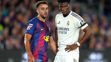 Eric Garcia of FC Barcelona marks Aurelien Tchouameni of Real Madrid during the LaLiga EA Sports match between FC Barcelona and Real Madrid CF at Spotify Camp Nou on May 10, 2026 in Barcelona, Spain. (Photo by Alex Caparros/Getty Images)