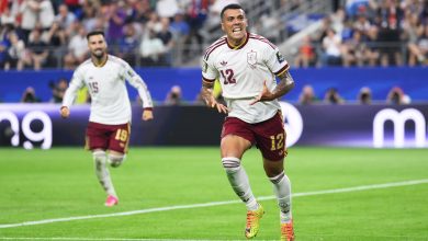 Pedro Porro #12 of Spain celebrates scoring his team's second goal during the FIFA World Cup 2026 Semi Final match between France and Spain at Dallas Stadium on July 14, 2026 in Arlington, Texas. (Photo by David Ramos/Getty Images)