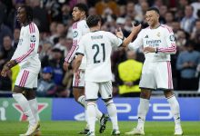 MADRID, SPAIN - OCTOBER 21: Yan Diomande of Real Madrid celebrates scoring his team’s fourth goal with Kylian Mbappe and Brahim Diaz during the UEFA Champions League 2026/27 League Phase MD3 match between Real Madrid C.F. and RB Leipzig at Estadio Santiago Bernabeu on October 21, 2026 in Madrid, Spain. (Photo by Diego Souto/Getty Images)