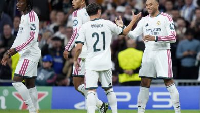 MADRID, SPAIN - OCTOBER 21: Yan Diomande of Real Madrid celebrates scoring his team’s fourth goal with Kylian Mbappe and Brahim Diaz during the UEFA Champions League 2026/27 League Phase MD3 match between Real Madrid C.F. and RB Leipzig at Estadio Santiago Bernabeu on October 21, 2026 in Madrid, Spain. (Photo by Diego Souto/Getty Images)