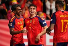 Lamine Yamal of Spain celebrates scoring his team’s first goal with Ivan Fresneda during the UEFA Nations League 2026/27 group phase match between Spain and Czechia at Carlos Tartiere on October 03, 2026 in Oviedo, Spain. (Photo by Jose Manuel Alvarez Rey/Getty Images)