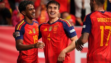 Lamine Yamal of Spain celebrates scoring his team’s first goal with Ivan Fresneda during the UEFA Nations League 2026/27 group phase match between Spain and Czechia at Carlos Tartiere on October 03, 2026 in Oviedo, Spain. (Photo by Jose Manuel Alvarez Rey/Getty Images)