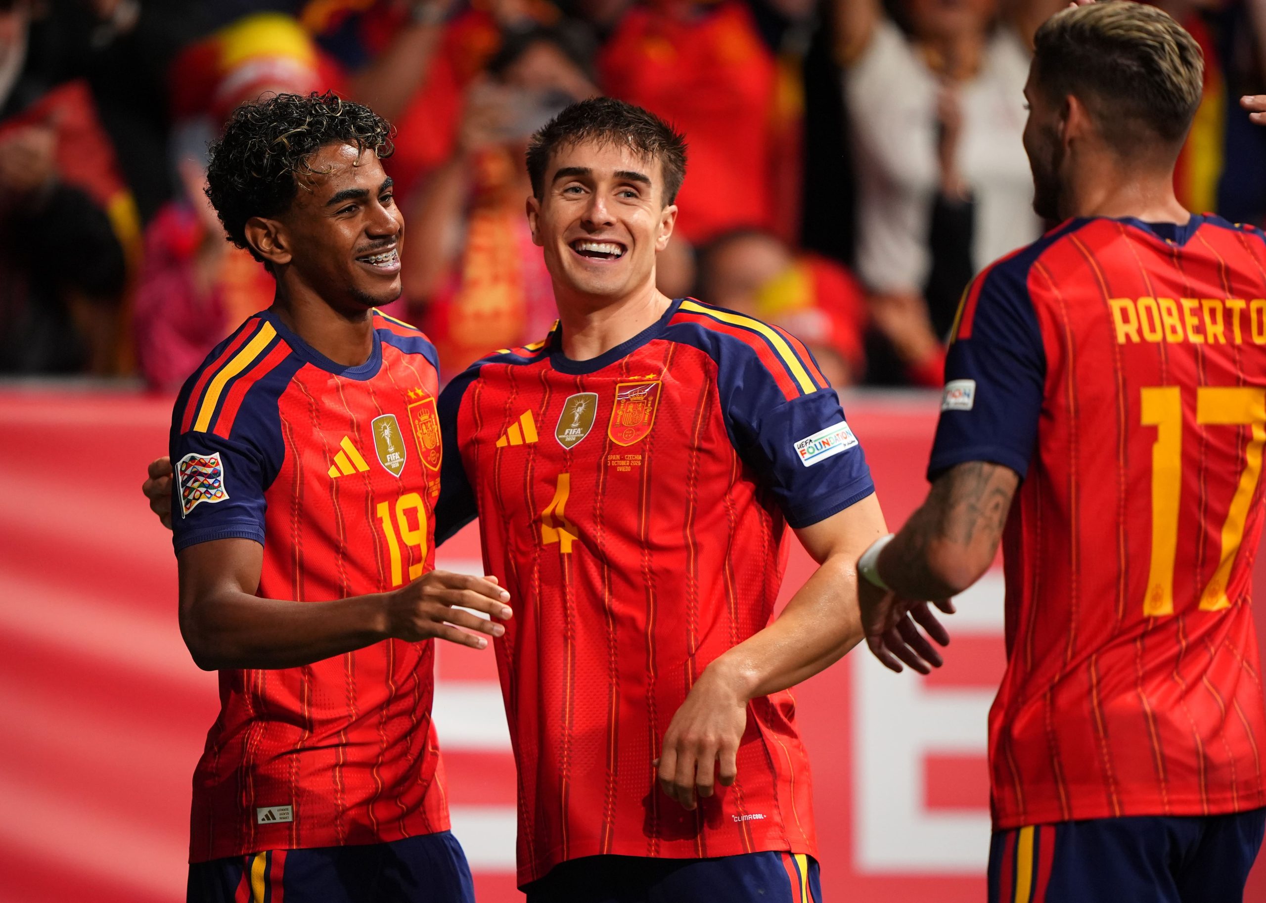 Lamine Yamal of Spain celebrates scoring his team’s first goal with Ivan Fresneda during the UEFA Nations League 2026/27 group phase match between Spain and Czechia at Carlos Tartiere on October 03, 2026 in Oviedo, Spain. (Photo by Jose Manuel Alvarez Rey/Getty Images)