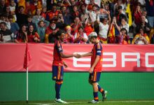 Lamine Yamal of Spain celebrates scoring his team’s first goal with Pedri during the UEFA Nations League 2026/27 group phase match between Spain and Czechia at Carlos Tartiere on October 03, 2026 in Oviedo, Spain. (Photo by Jose Manuel Alvarez Rey/Getty Images)