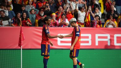 Lamine Yamal of Spain celebrates scoring his team’s first goal with Pedri during the UEFA Nations League 2026/27 group phase match between Spain and Czechia at Carlos Tartiere on October 03, 2026 in Oviedo, Spain. (Photo by Jose Manuel Alvarez Rey/Getty Images)