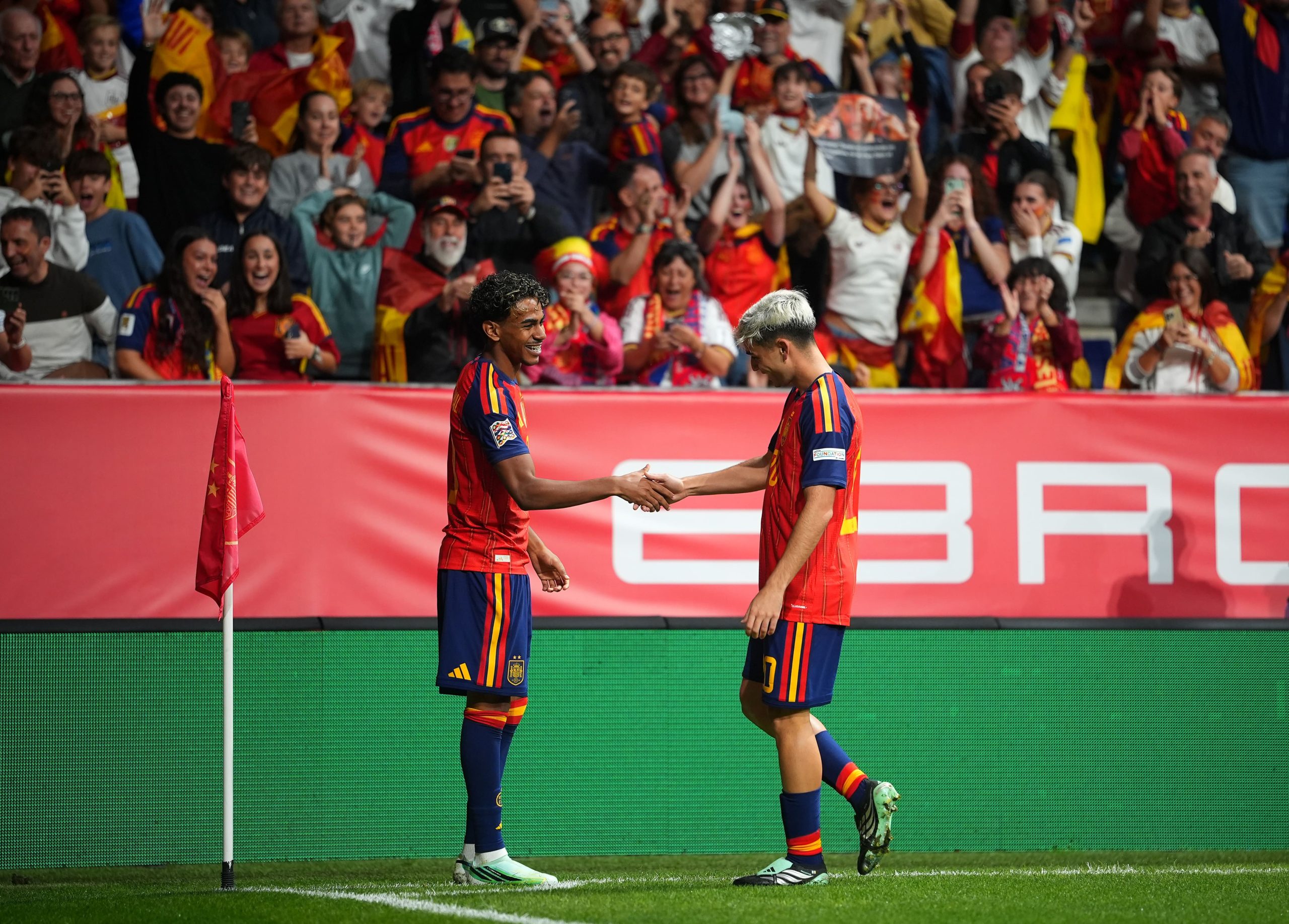 Lamine Yamal of Spain celebrates scoring his team’s first goal with Pedri during the UEFA Nations League 2026/27 group phase match between Spain and Czechia at Carlos Tartiere on October 03, 2026 in Oviedo, Spain. (Photo by Jose Manuel Alvarez Rey/Getty Images)